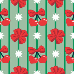 Christmas Seamless pattern with Cherry and Bows on Green Striped Background. Coquette Vintage and Christmas striped pattern. Retro Print for feminine project, Wrapping paper, seasonal design.