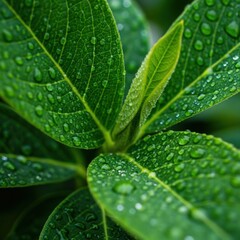 Dew drops glistening on vibrant green leaves in a lush natural environment closeup