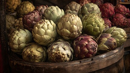 Fototapeta premium A colorful assortment of artichokes in a rustic wooden barrel, showcasing the variety of hues