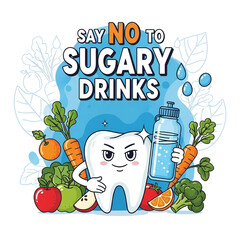 Cartoon tooth saying no to sugary drinks with healthy food