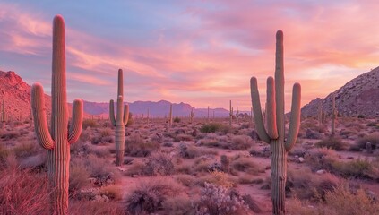 Sunset desert cactus landscape mountain cactus horizon scene