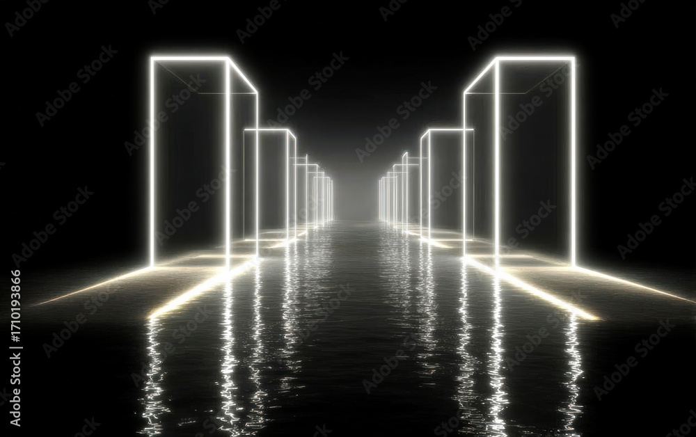 Poster neon-lit rectangular structures reflecting on water surface in dark environment