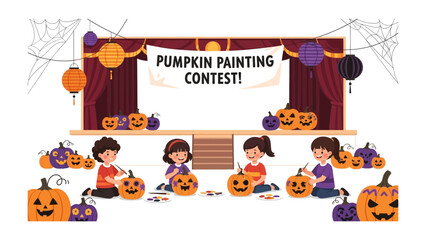 Fototapeta premium Pumpkin Painting Contest: A joyful illustration of children at a pumpkin painting contest, creating festive Jack-o'-lanterns for a Halloween event, showcasing creativity, community spirit.