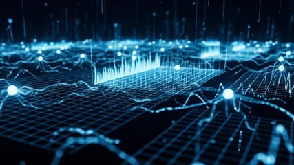 Dynamic blue digital data network with glowing connections and abstract graphs, representing big data analysis in a dark futuristic environment - Powered by Adobe