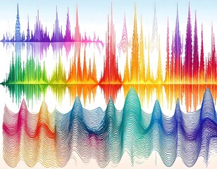 Colorful audio waveforms layered in a rainbow spectrum