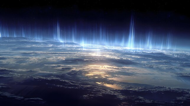 Sprites over the earth seen from space with blue light illuminating the clouds and the atmosphere