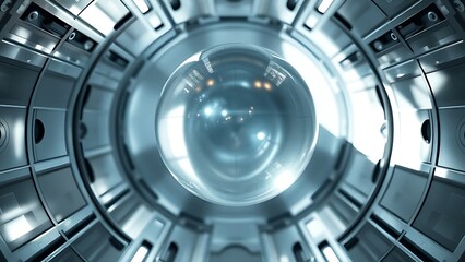 A shimmering, weightless liquid sphere floating inside a sleek, metallic spacecraft module with light reflections.