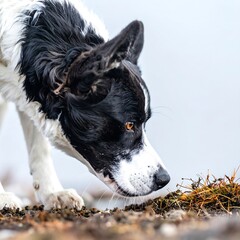Close-up of a black and white dog sniffing the ground