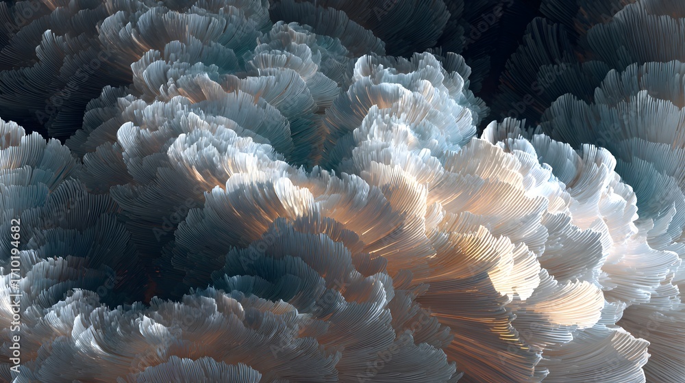 Poster abstract 3d render of white and beige geometric shapes, creating a cloud like textured background