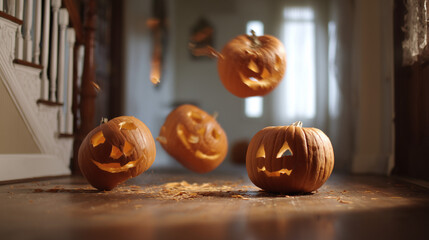 Whimsical carved pumpkins floating inside cozy home with autumn daylight and halloween mood
