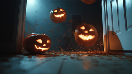 Spooky floating carved pumpkins glowing inside haunted house with eerie atmosphere and flying leaves