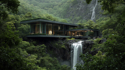 Stunning modern villa built on cliff beside majestic tropical waterfall and forest