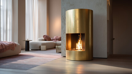 Modern minimalist living room with round copper fireplace and cozy lounge chair