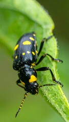 Close-up of a black beetle with yellow spots on a green leaf