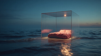 Surreal bed with glass walls floating in ocean at night under dramatic sky