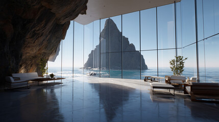 Luxury modern cave house interior with panoramic ocean view and rock walls
