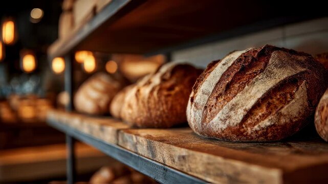 Creative medium shot of artisanal bakery design emphasizing textured bread crusts on handcrafted shelves with an outoffocus inviting atmosphere around.