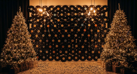 New Year's photo area with Christmas tree records and decorations . Generative AI