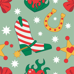 Cowgirl Christmas Seamless pattern. Cowboy western theme, Boot like Christmas Candy canes, Bow, Heart in Red and Green Christmas Style. Hand-drawn vector print for Wrapping paper, New Year Party.