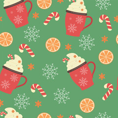 Christmas seamless pattern with hot chocolate in red mug, candy cane, snowflakes and oranges slices. Christmas wrapping paper template.