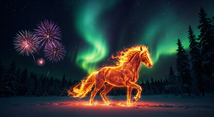 A fiery horse, the symbol of the year, against the backdrop of the northern lights . Generative AI