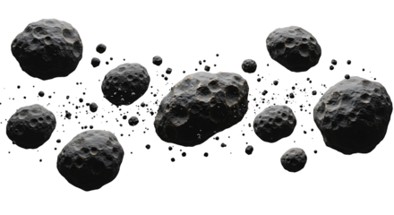 Flying asteroids. Isolated on transparent background, png