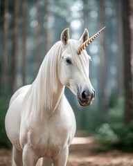 Enchanted White Unicorn in Lush Forest Clearing at Daytime