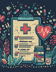 Vektorillustration: Medizinische Checkliste mit Herzschlag und Naturmotiven