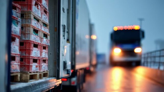 Medium shot of refrigerated truck doors opening main focus on frozen poultry crates stacked inside blurred background emphasizing cold transport environment.