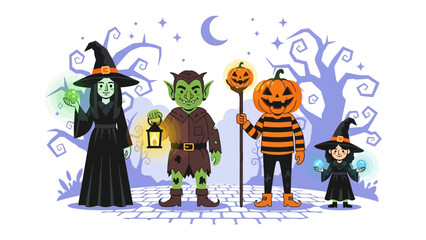 Naklejka premium Halloween Characters Gathering: A vibrant, flat illustration brings to life a group of iconic Halloween characters standing together. The scene is a perfect blend of spooky fun.