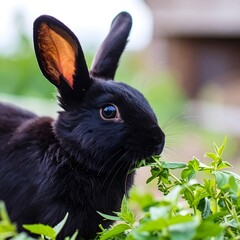 Close-up of a black rabbit eating greens