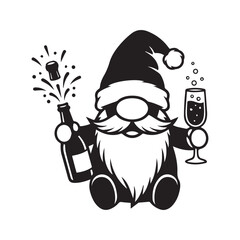 Cute Christmas gnome in a Santa hat celebrating with a popping champagne bottle and glass. Funny black and white vector illustration for New Year's Eve party, decal, or stencil.
