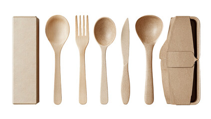 Eco-friendly wooden cutlery set in a brown paper box