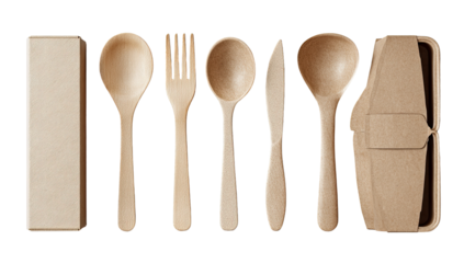 Eco-friendly wooden cutlery set in a brown paper box