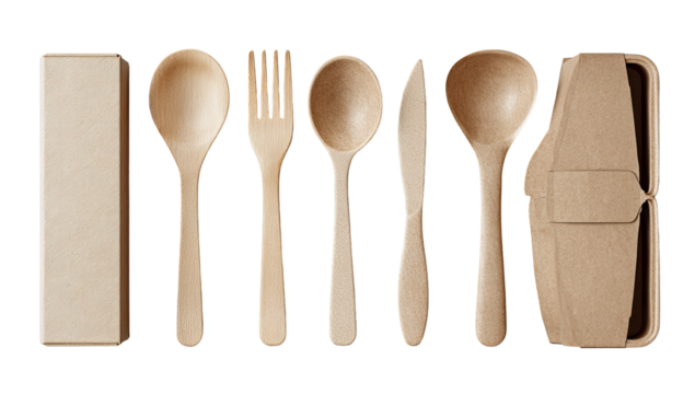 Eco-friendly wooden cutlery set in a brown paper box