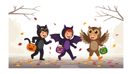 Halloween Costume Trio: A cheerful trio of children, adorned in adorable costumes, joyfully navigate a tree-lined street, exuding the whimsical essence of the autumn celebration.