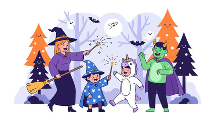Halloween Fantasy: A whimsical illustration featuring children in playful costumes, with a witch and a wizard amid a fantastical setting, conjuring the enchantment of All Hallows' Eve.
