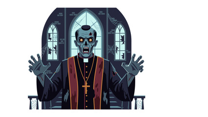 Undead Priest: An eerie digital illustration portrays a sinister undead priest, his decaying features framed against a gothic church window.
