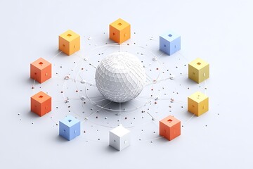 Dynamic network of abstract cubes orbiting a central sphere, illustrating interconnected systems and global data flow in a modern digital concept