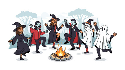 Halloween Circle Dance: Captivating Halloween festivities featuring spirited figures in costumes dancing around a blazing campfire, with illustration art style
