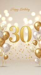 Celebrating thirty years with gold balloons, confetti, and a happy birthday message.