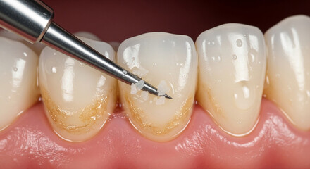 Closeup of dental scaling tool removing plaque from teeth