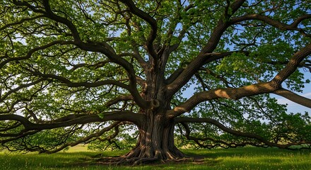 Obraz premium Majestic ancient oak tree with sprawling branches reaching towards the sky in a sunlit meadow