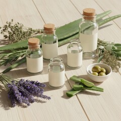 Product shot of a sustainable, eco-friendly skincare line. The products are in minimalist, recyclable glass jars for mockup. They are arranged on a clean, wooden surface next to some raw