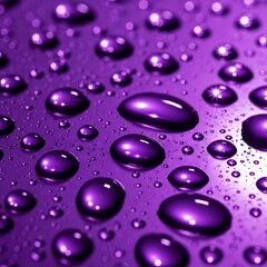 Close-up view of many glistening purple water droplets on a glossy surface, showcasing a vibrant and reflective texture.