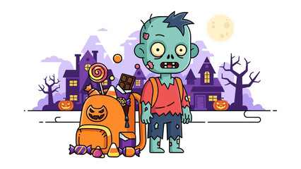 Zombie Trick-or-Treating: A friendly zombie stands poised, ready for a night of collecting delicious sweets, a pumpkin-adorned backpack overflowing with tempting treats, and Halloween night.