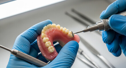 Dentist working on a dental prosthesis with tools, closeup