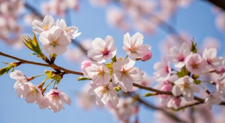 Obraz premium Beautiful cherry blossom flowers blooming on a branch in spring against a blue sky