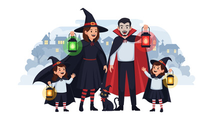 Spooky Family Halloween Gathering: A family in halloween costumes smiles and holding lanterns, celebrating halloween night in a whimsical illustration, celebrating together with joy.
