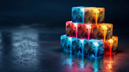 3d futuristic bar chart rising from glowing cubes with neon lights on dark background